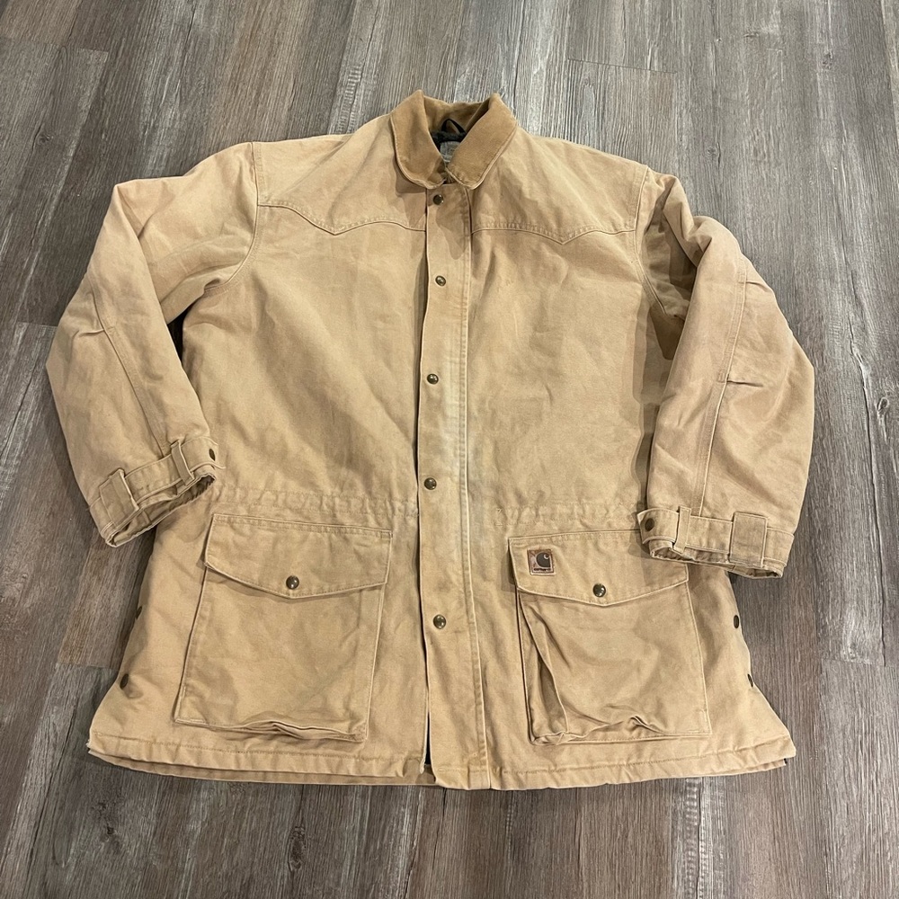 Vintage Carharrt C52 men chore plaid blanket lined khaki ranch coat jacket